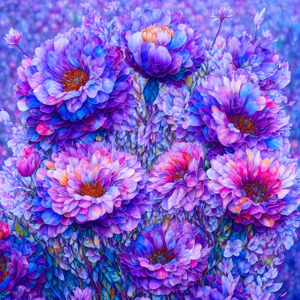 Colorful display of closely packed purple, blue, and pink flowers in full bloom