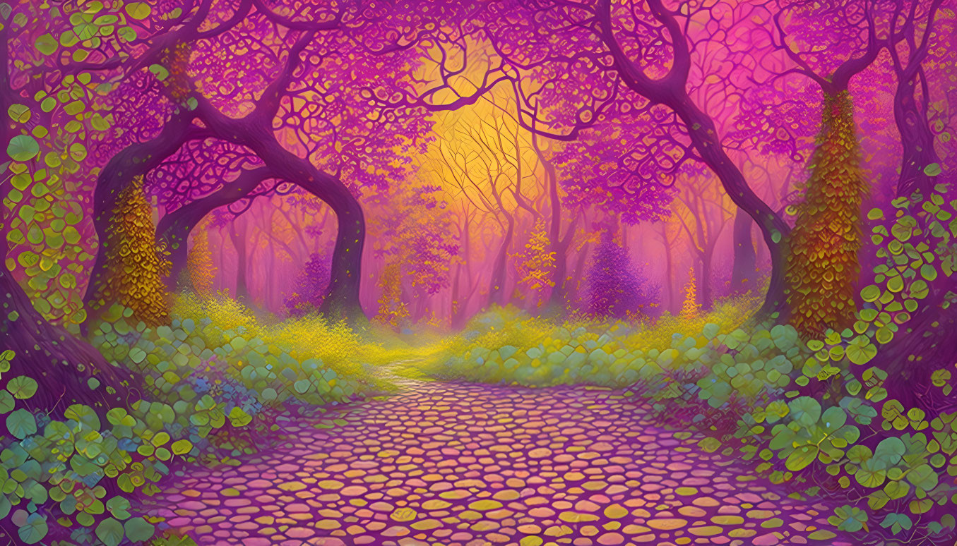 Enchanting forest path with purple and pink foliage