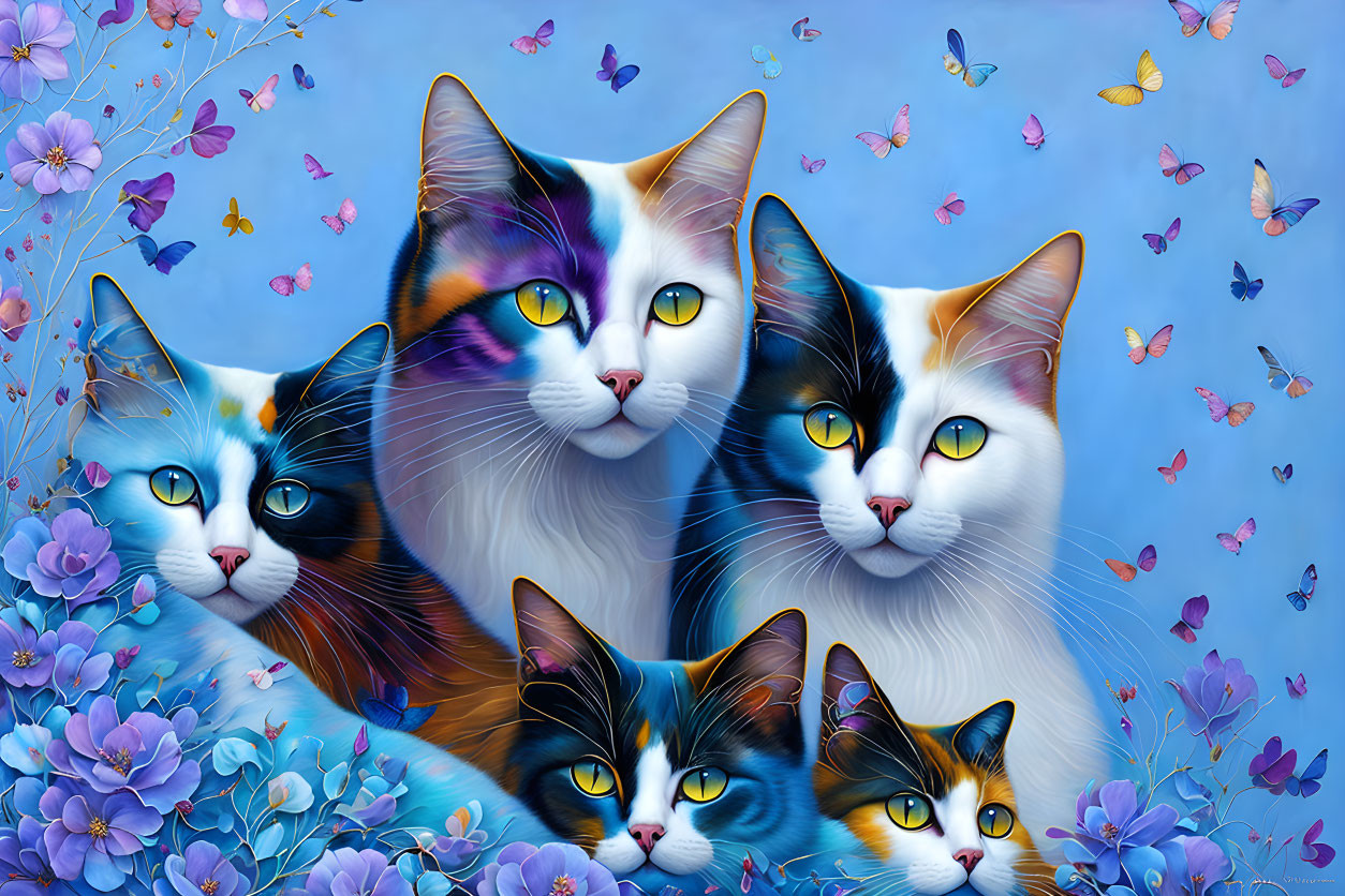 Colorful Cats with Unique Facial Patterns Surrounded by Butterflies and Flowers