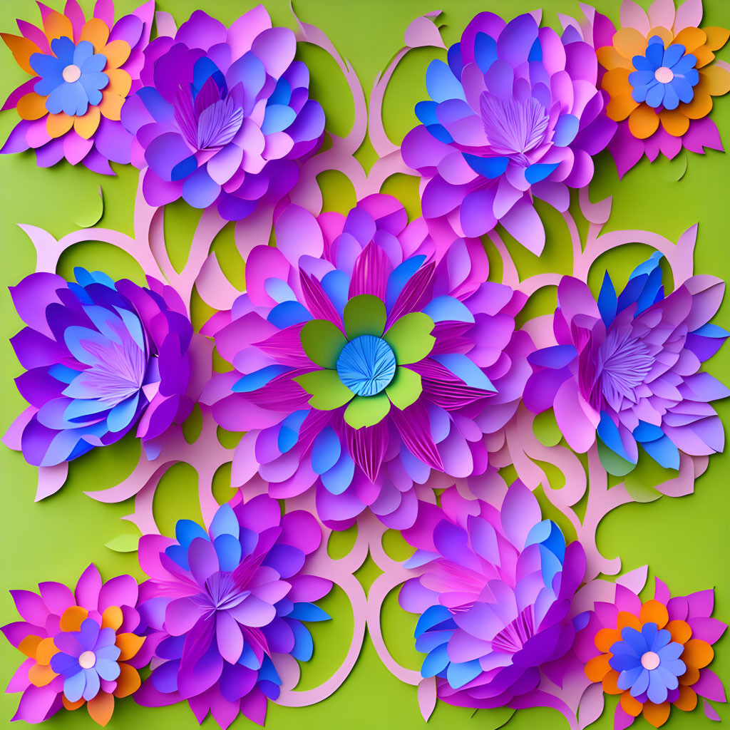 Colorful 3D paper flowers in purple, blue, and orange on lime green background