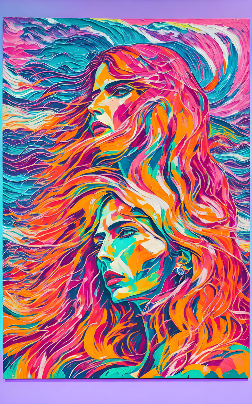 Colorful Abstract Illustration of Two Women with Flowing Hair