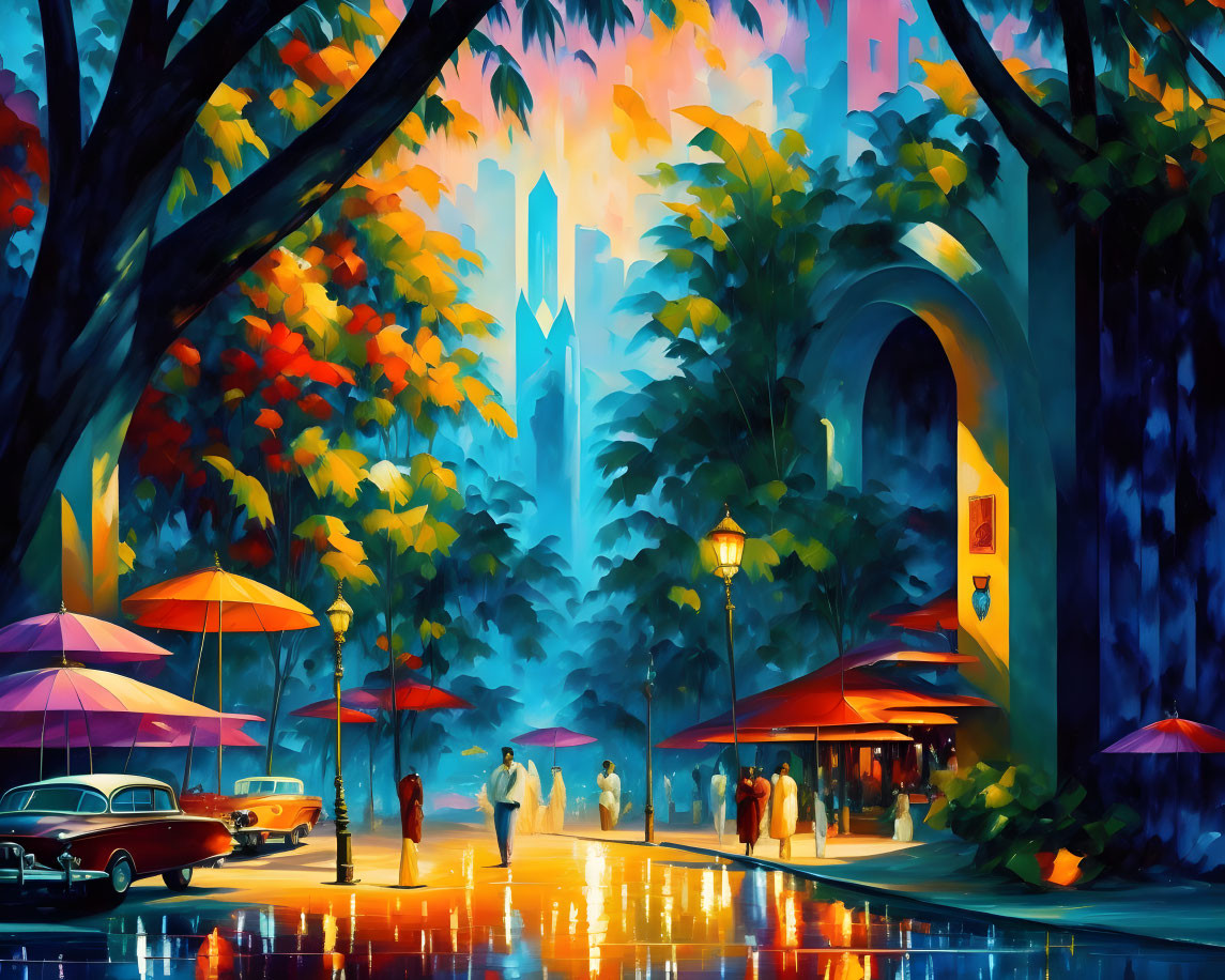 Colorful cityscape painting: trees, people with umbrellas, vintage car, illuminated buildings at twilight