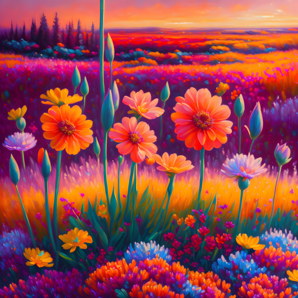 Colorful Flower Field Painting at Sunset with Forest Silhouette