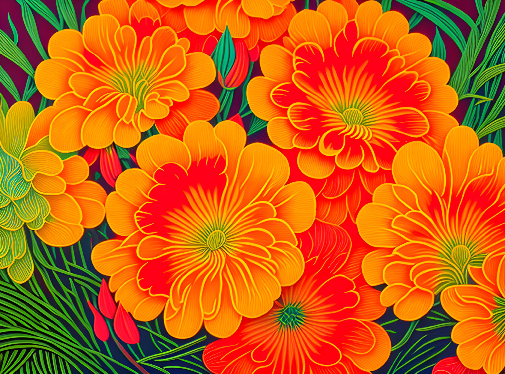 Colorful Floral Illustration on Dark Background with Dense Pattern