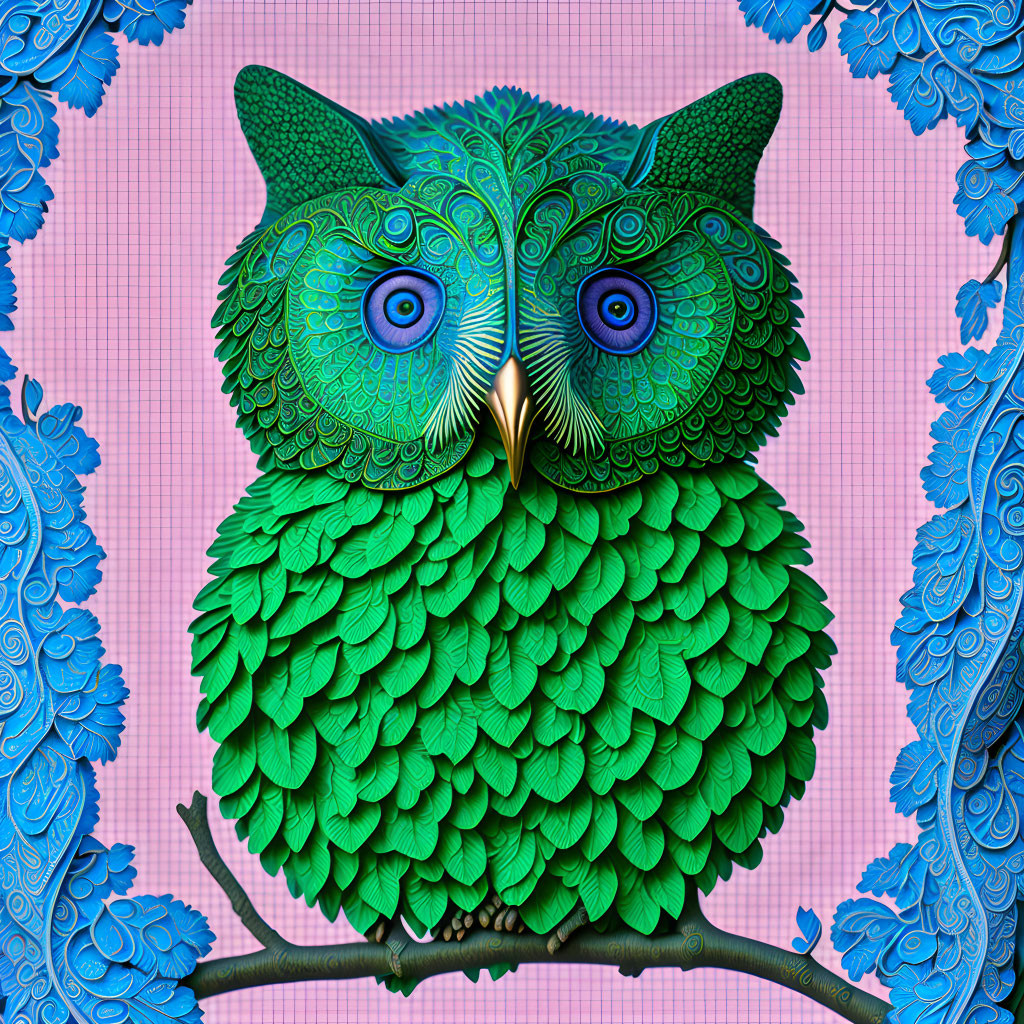 Vibrant Owl Artwork with Green and Blue Feathers on Pink Background