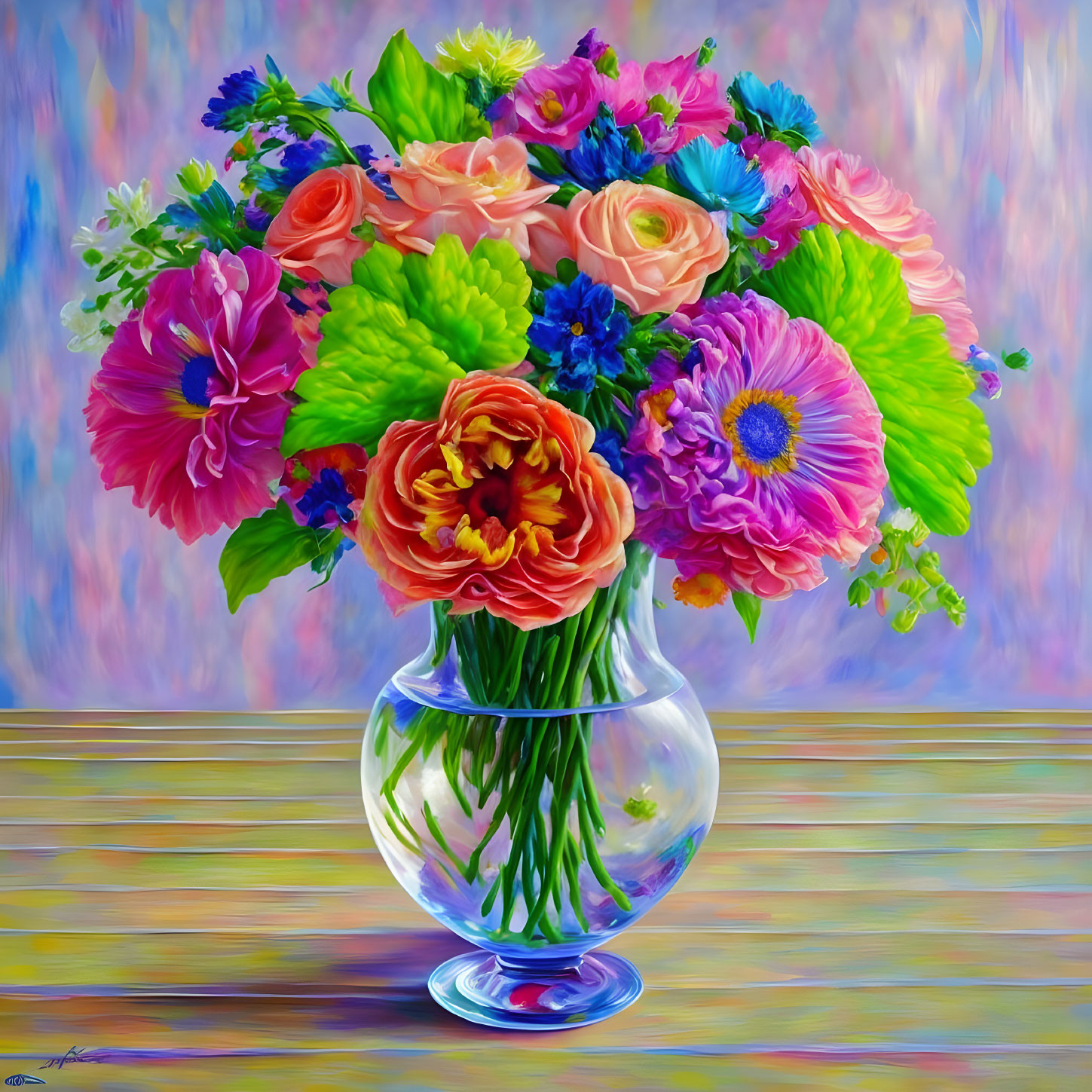 Assorted Flowers in Clear Glass Vase on Multicolored Background