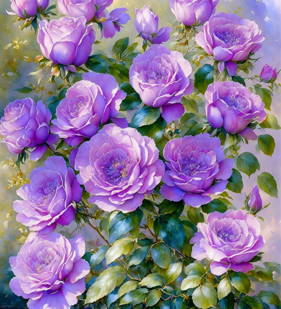 Colorful Painting of Lush Purple Roses in Full Bloom