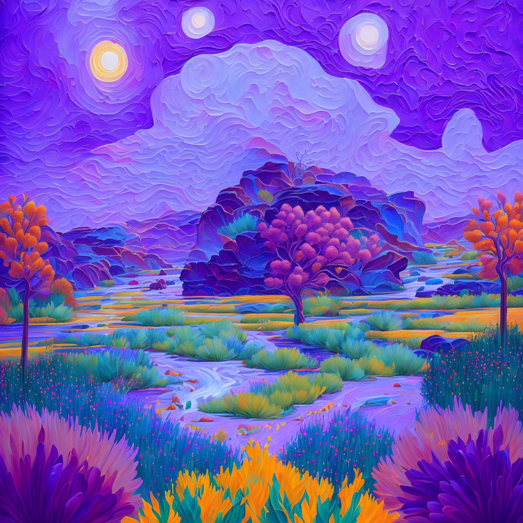 Colorful stylized landscape with triple suns and central tree