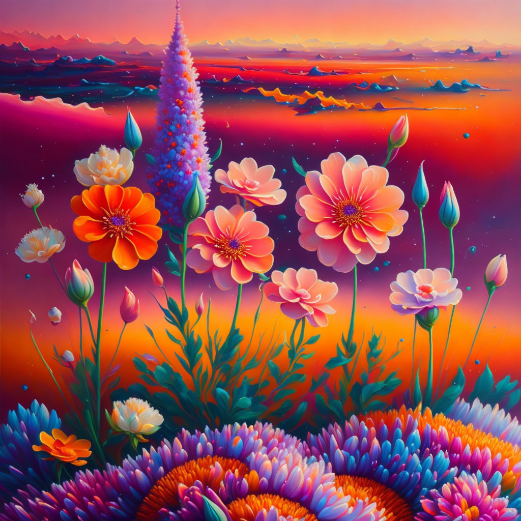 Colorful oversized flowers in a fantastical landscape under a purple and orange sky