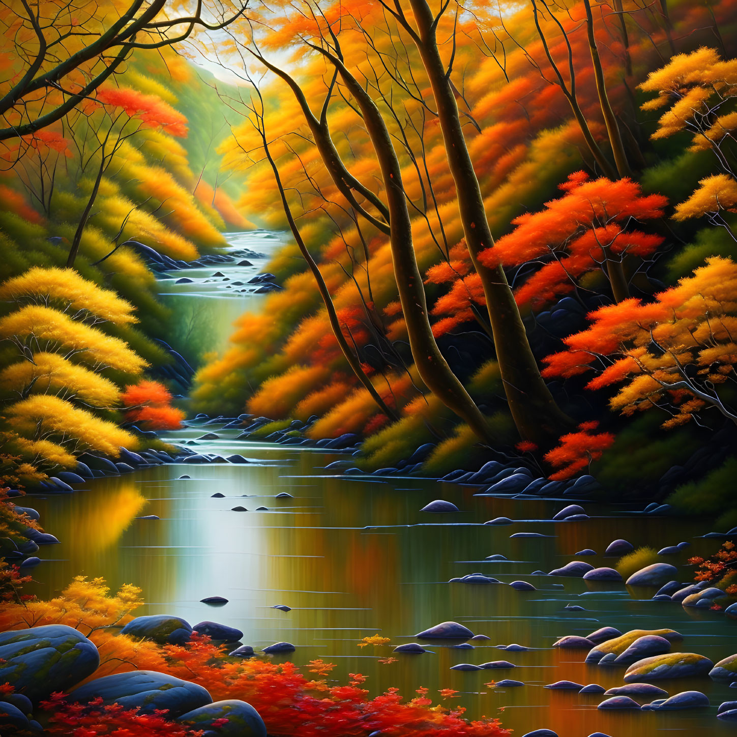 Scenic autumn forest with colorful foliage and river reflection