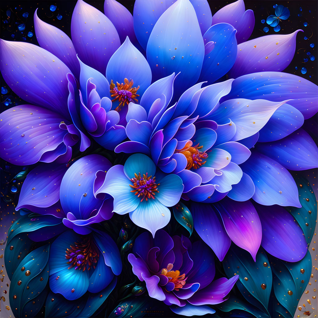 Luminous blue and purple flower digital art with dark background