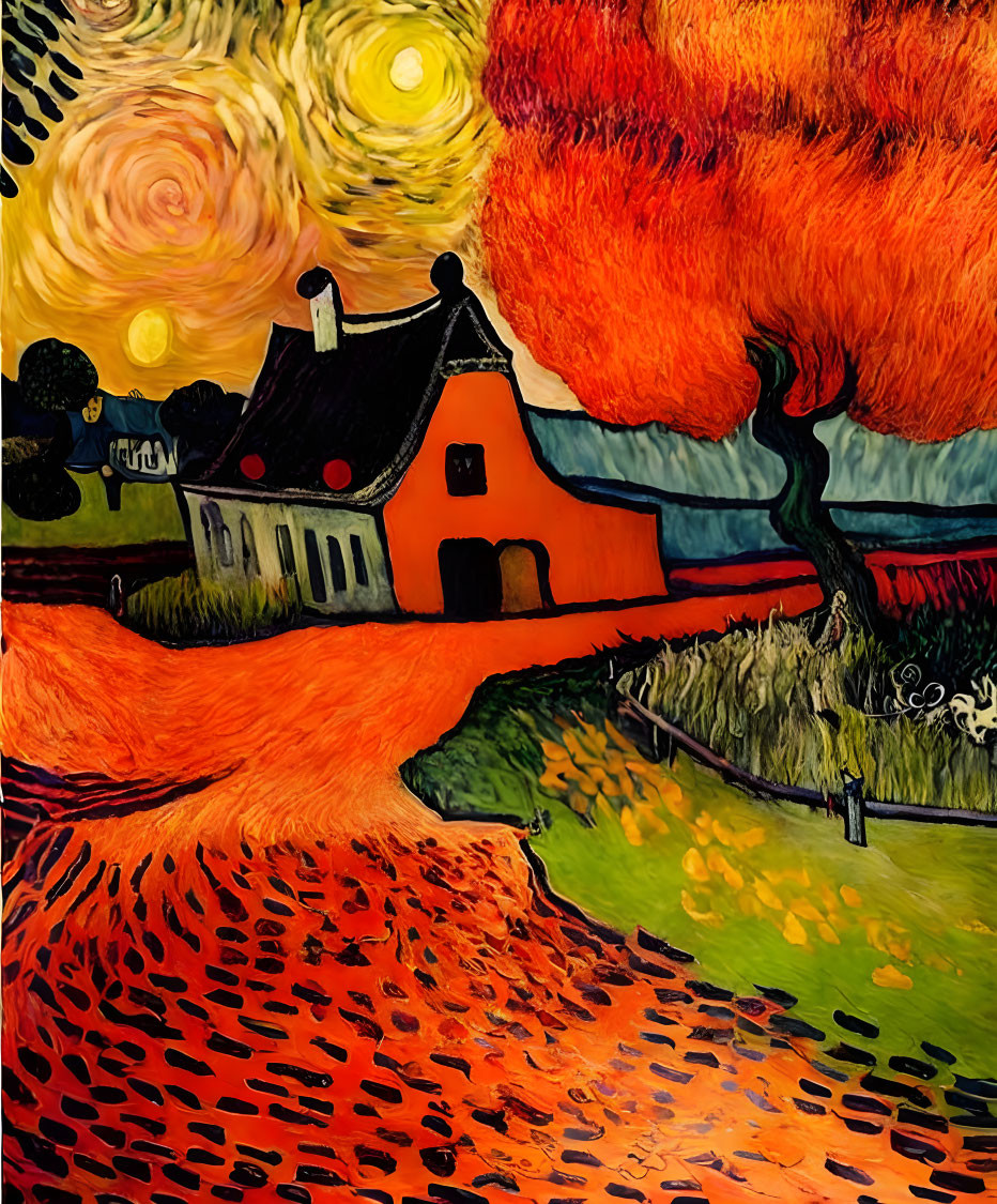 Colorful painting of red house in swirling orange fields under yellow sky