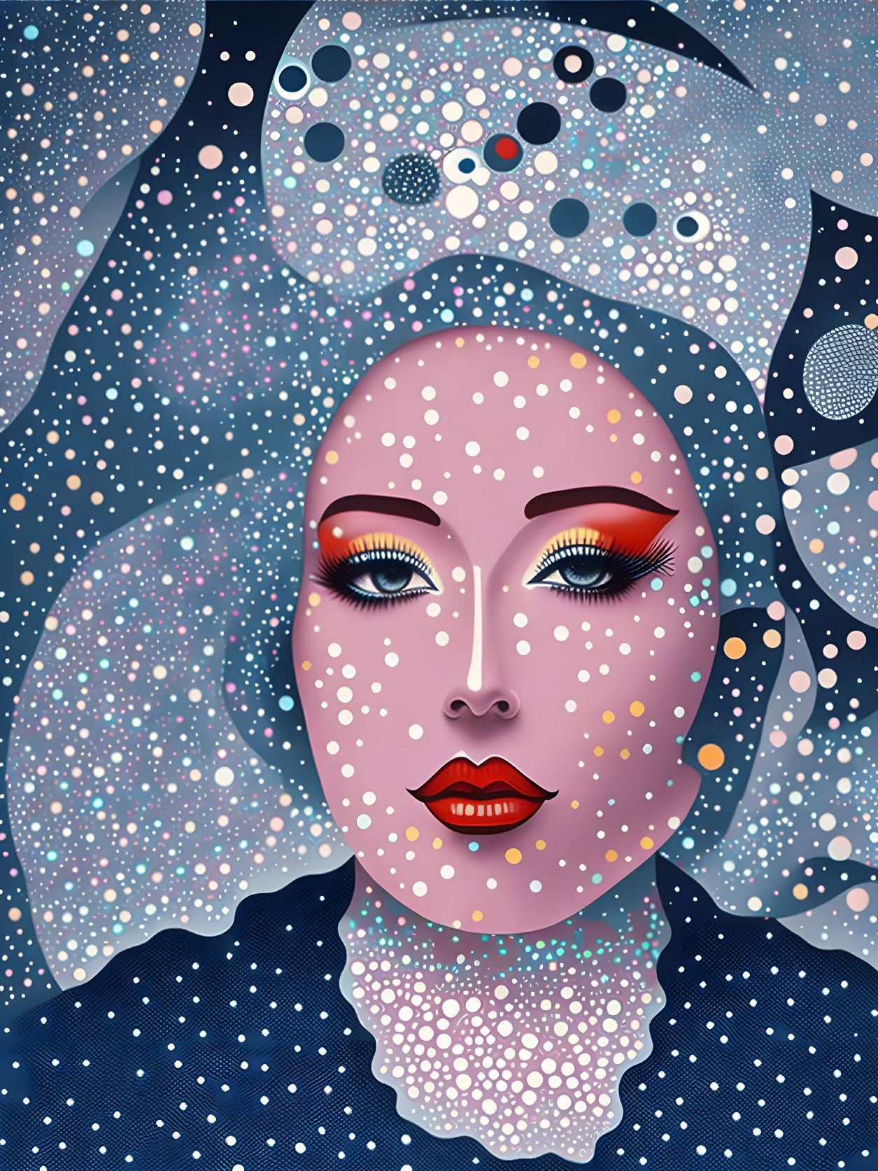 Colorful makeup woman on cosmic blue background