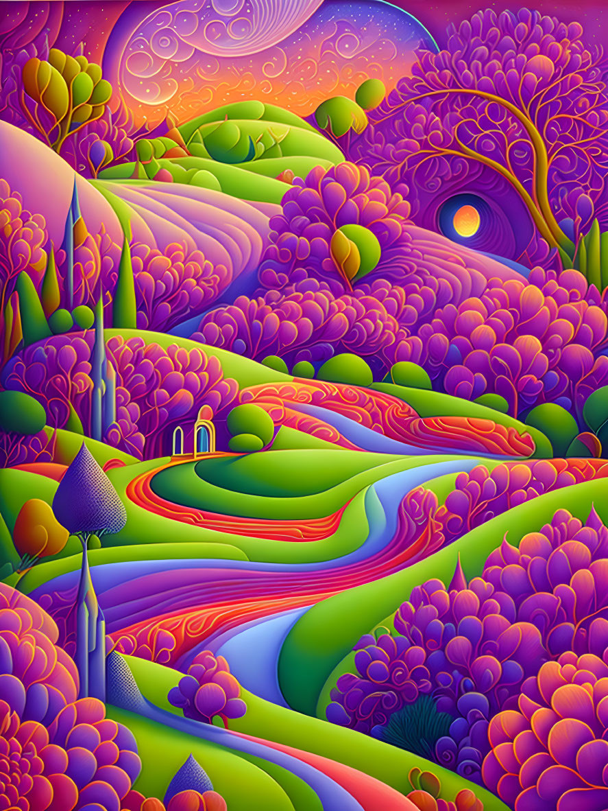 Colorful Psychedelic Landscape with Hills, Trees, and River