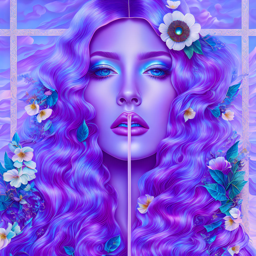 Symmetrical surreal art: Woman's face with purple hair and flowers