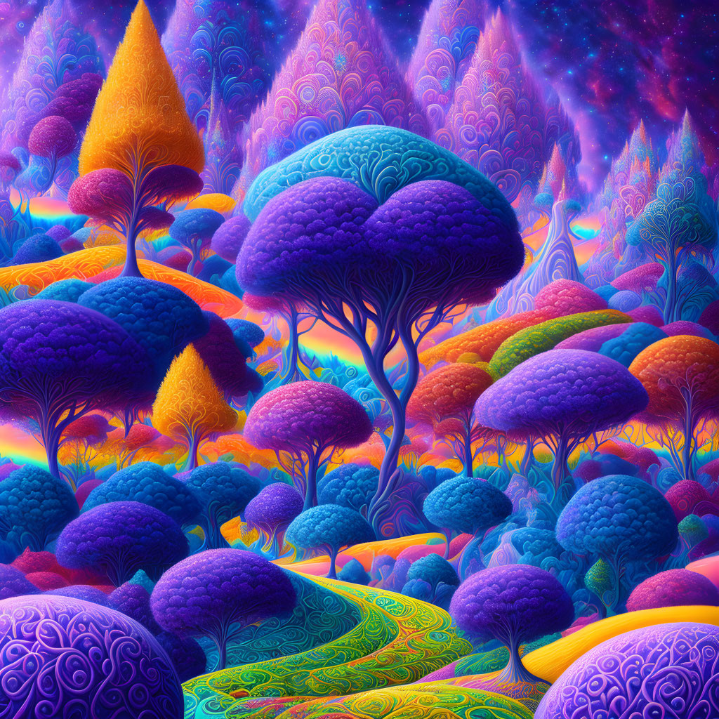 Colorful Psychedelic Forest with Stylized Trees and Starry Sky