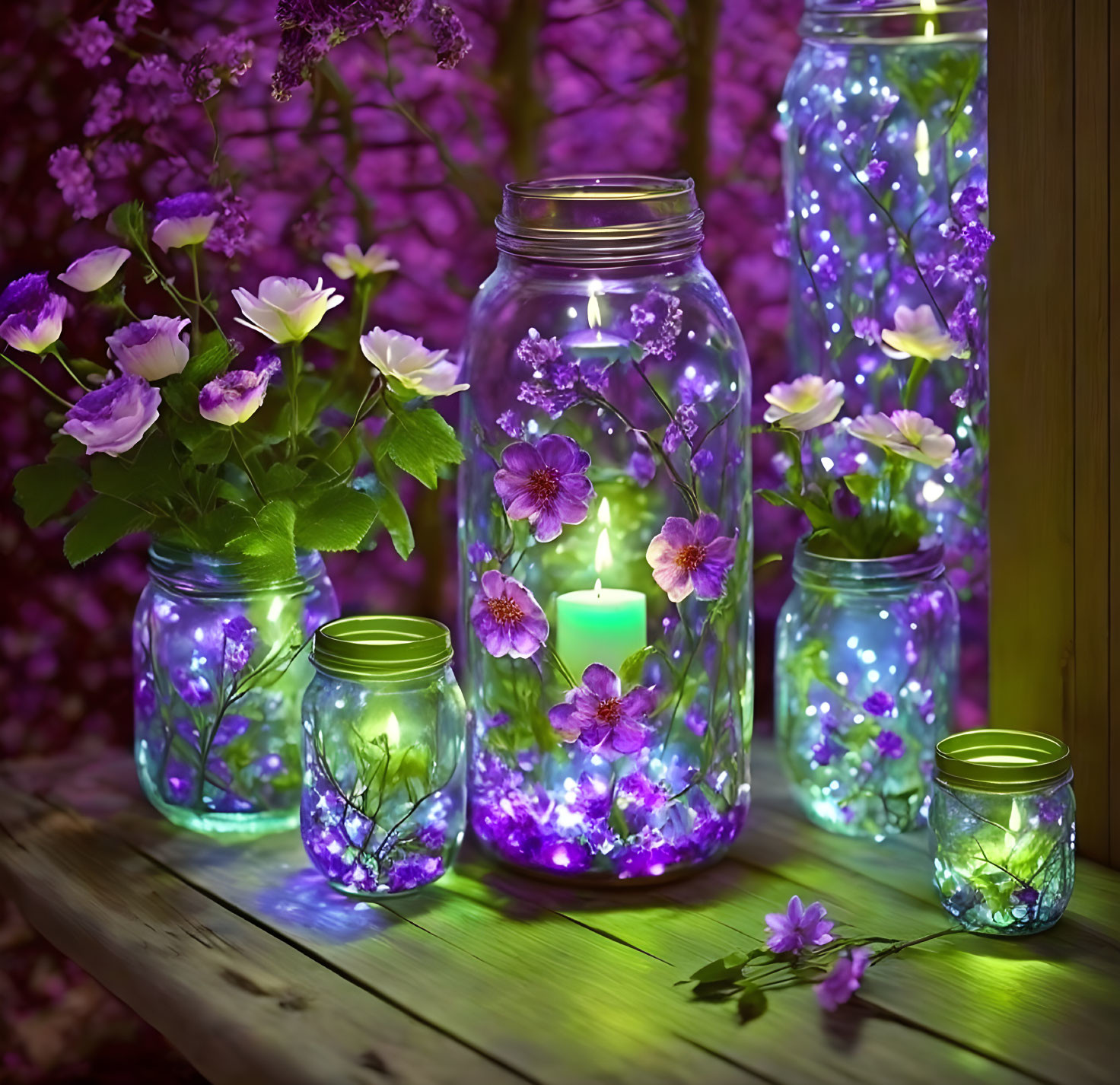 Floral backdrop with glowing jars, flowers, and candle on wooden surface