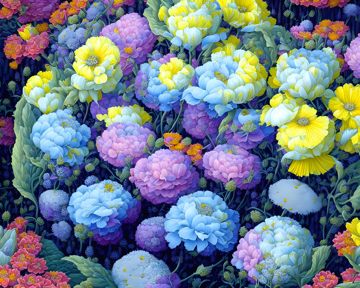 Colorful Blue, Yellow, and Pink Flowers with Lush Foliage