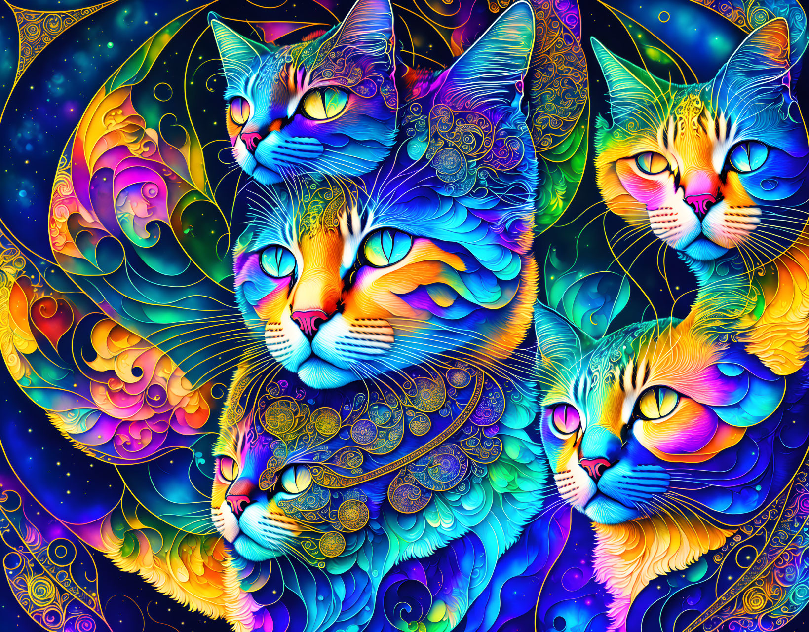 Colorful digital art: Three stylized cats in cosmic setting