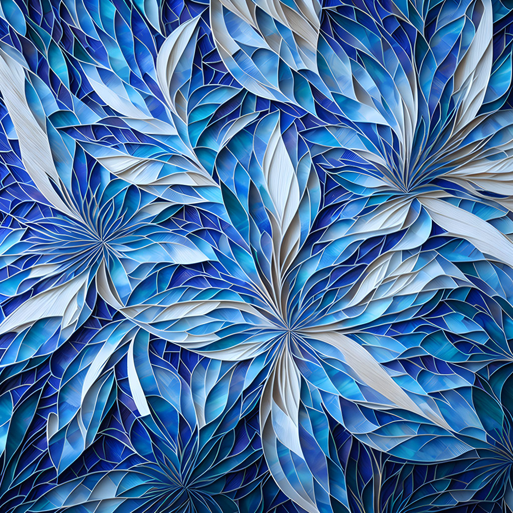 Layered Blue Leaf Abstract Paper Art with Starburst Patterns