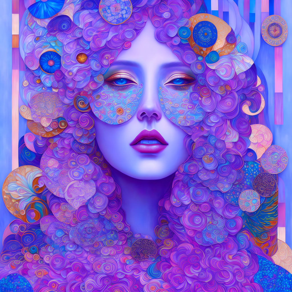 Purple-haired figure with floral patterns in surreal portrait.