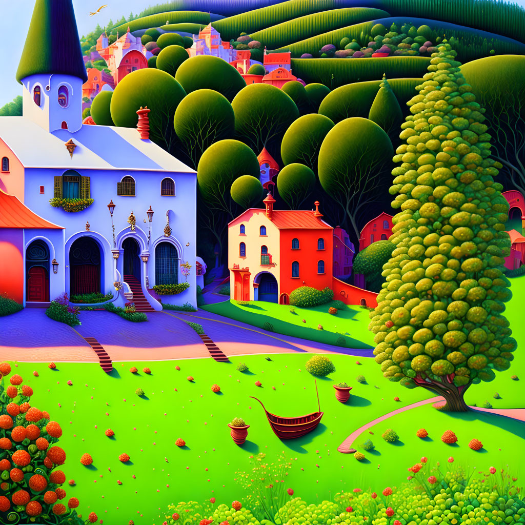 Colorful whimsical village illustration with round trees and green hills.