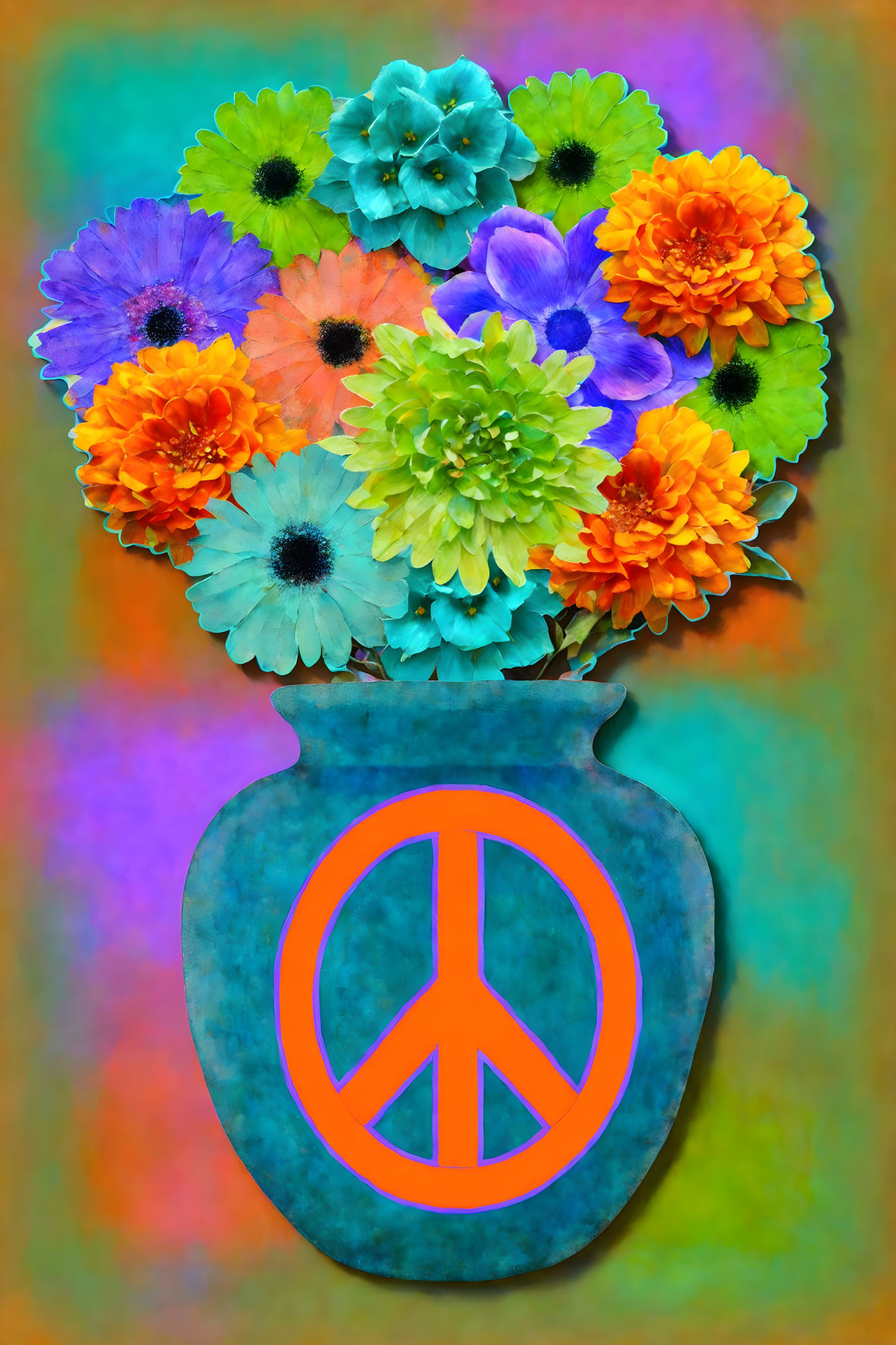 Colorful digital artwork: Blue vase with peace symbol and stylized flowers