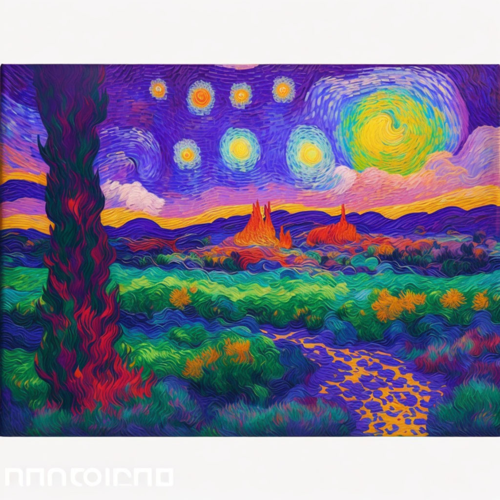 Night scene painting with stars, cypress tree, hills, and village