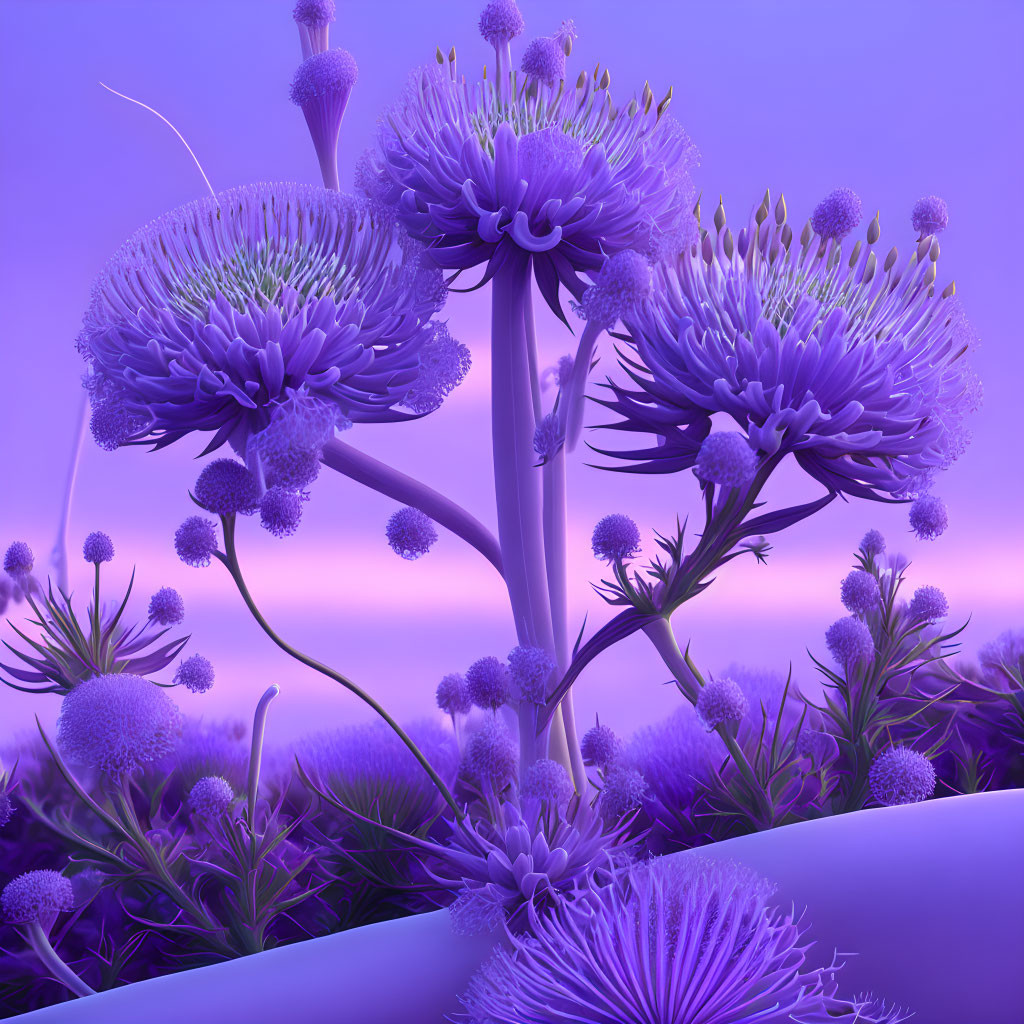 Surreal purple flowers in intricate digital art