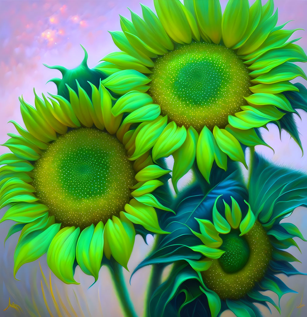 Vibrant sunflowers with green leaves against pinkish sky background