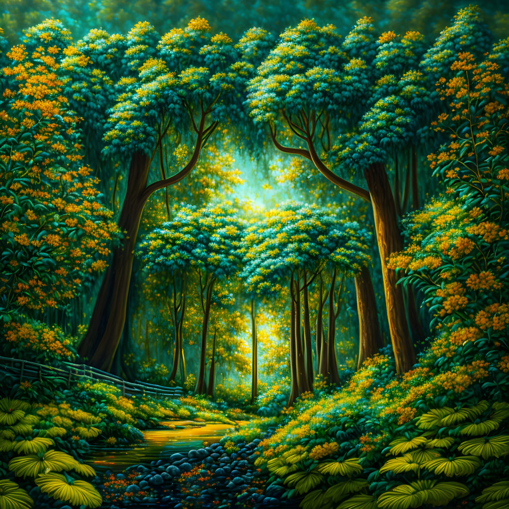 Lush Blue and Yellow Foliage in Serene Forest Scene