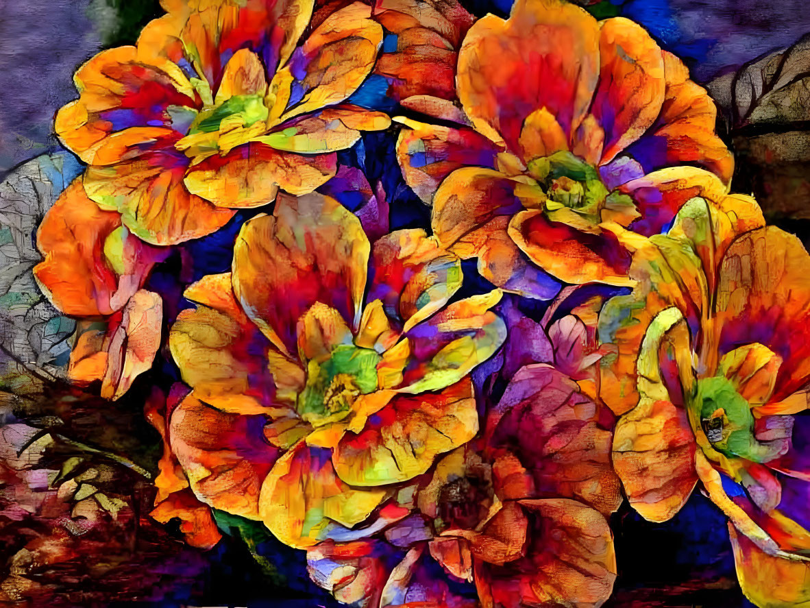 Colorful Watercolor Flowers on Dark Leafy Background in Purple and Blue