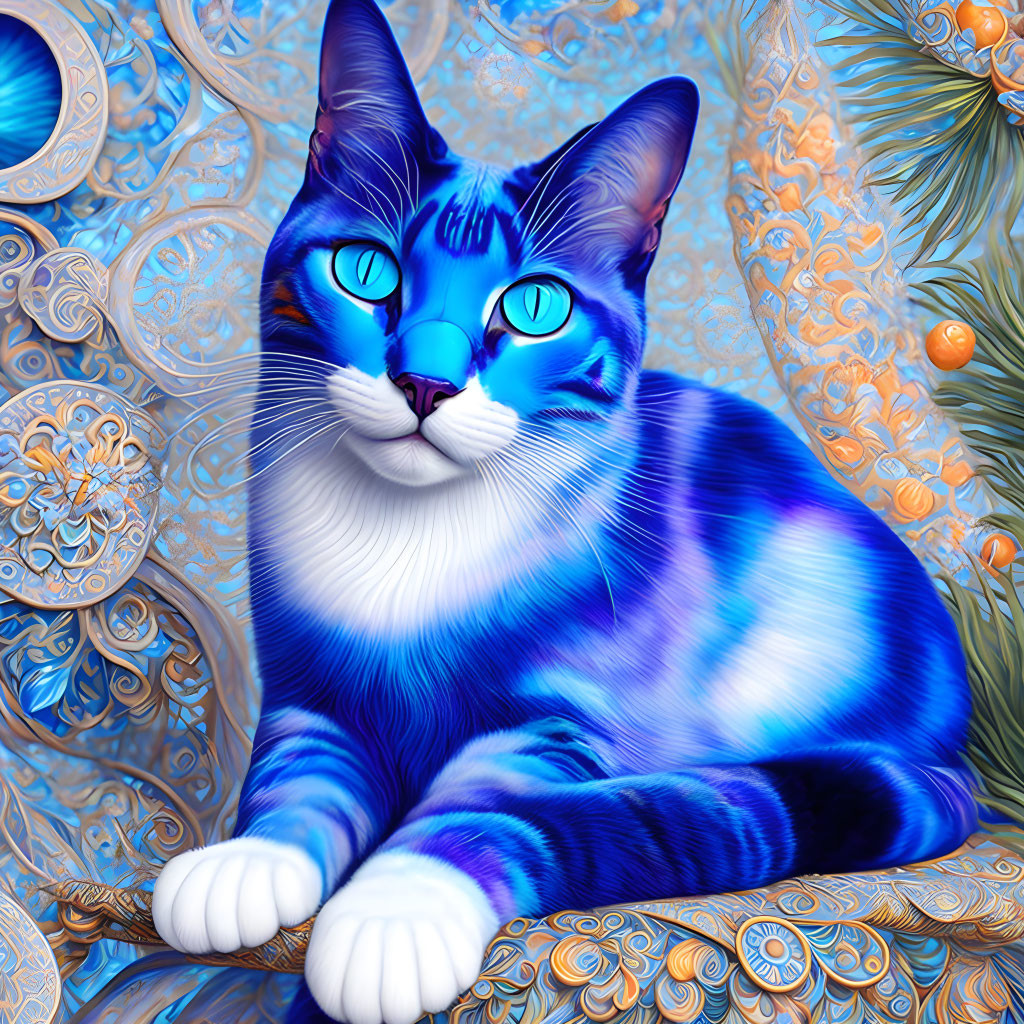 Colorful digital artwork: Blue and white cat with blue eyes on ornate blue and orange background