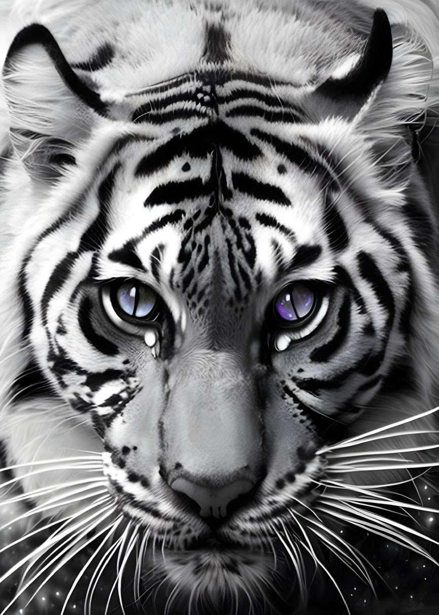 White Tiger Digital Illustration with Purple Eyes and Black Stripes