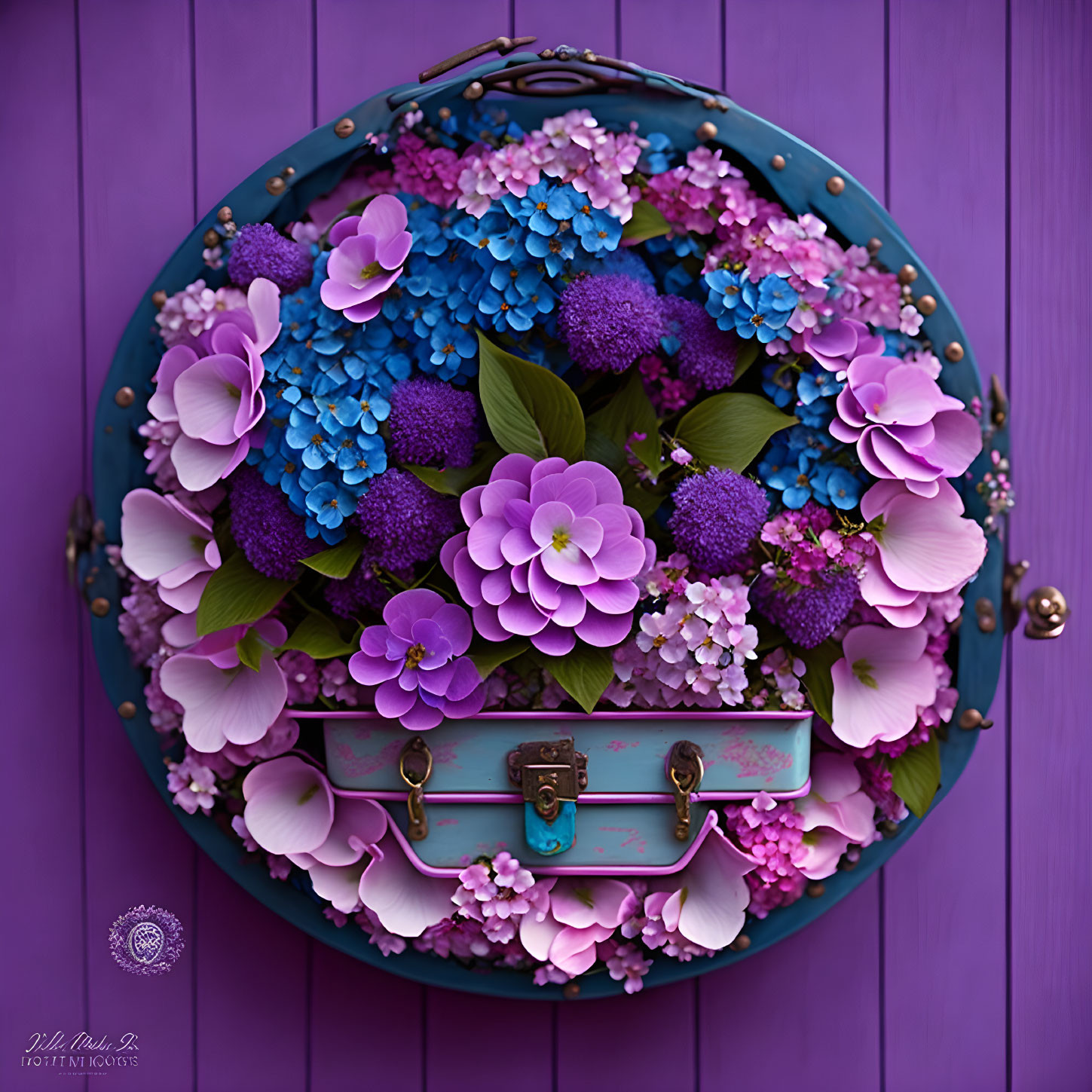 Teal Vintage Suitcase with Purple and Pink Flowers on Lavender Background