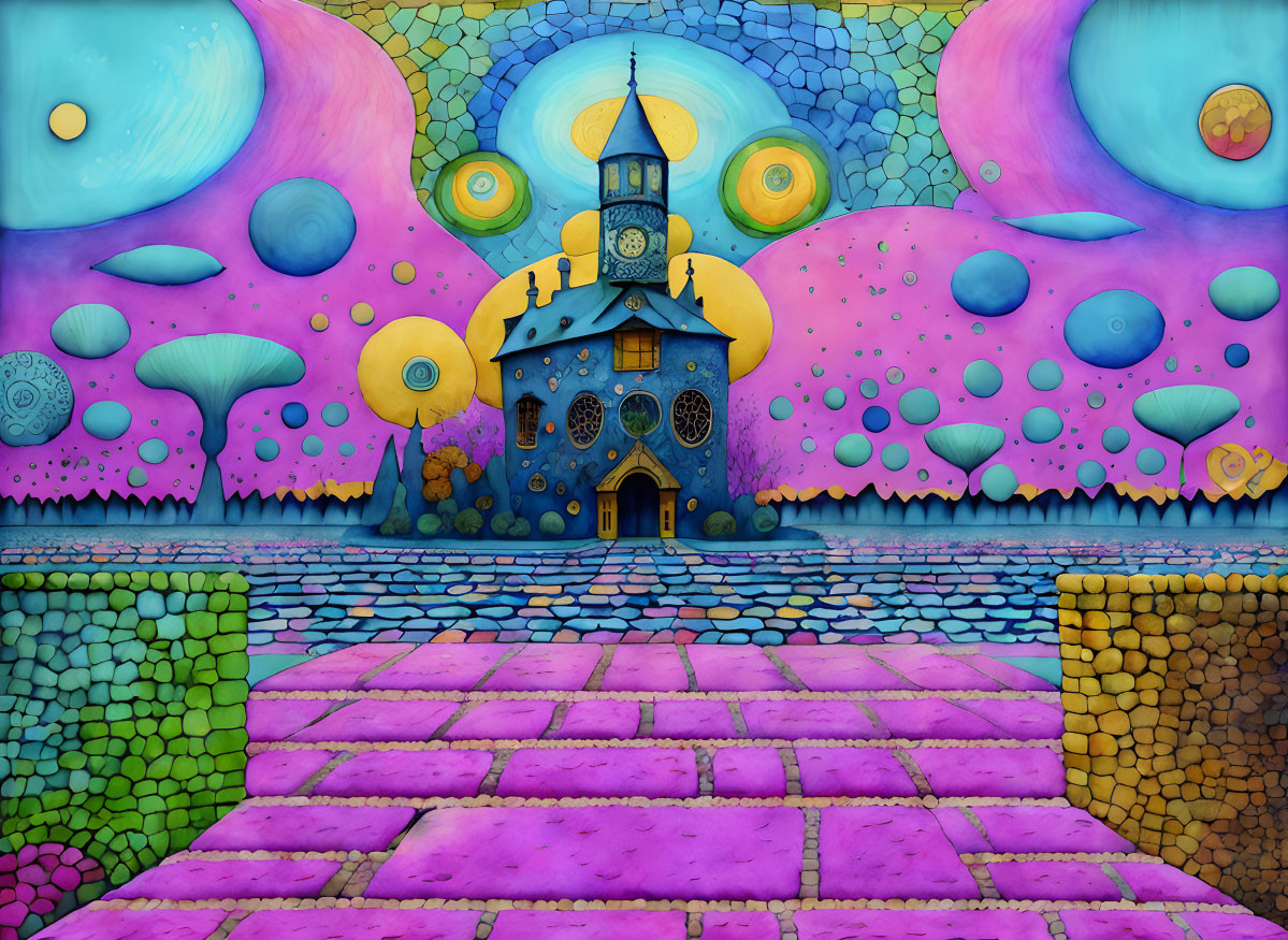 Colorful Clock Tower Illustration in Psychedelic Landscape