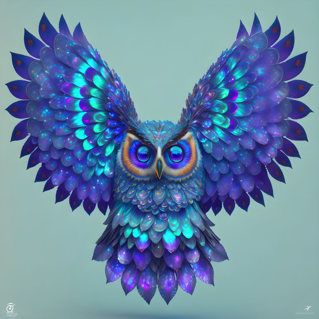 Colorful Owl Artwork with Iridescent Feathers and Blue Eyes