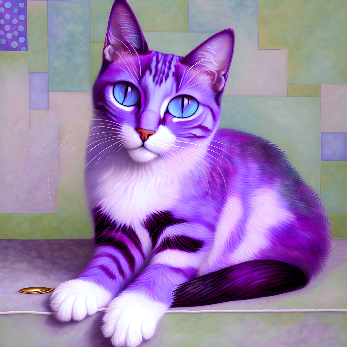 Purple and White Cat with Blue Eyes on Colorful Tiled Background