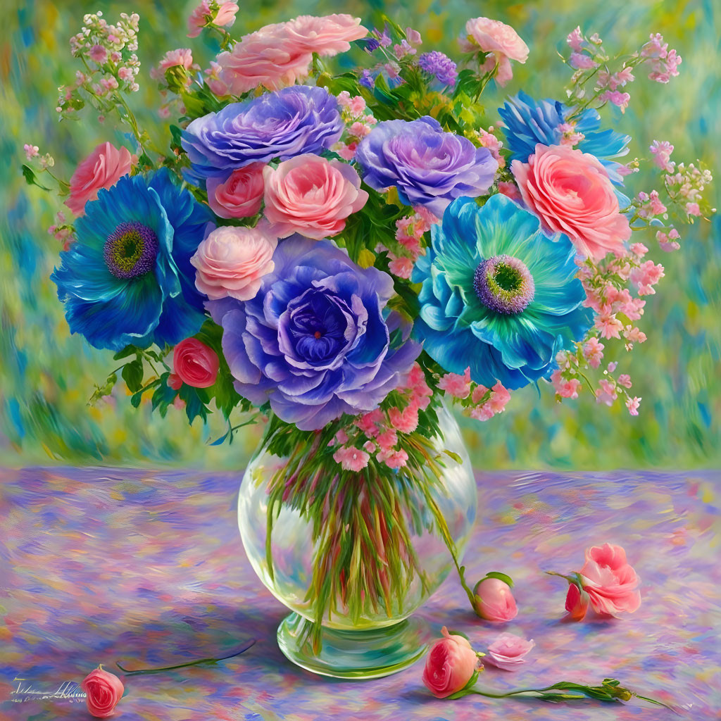 Colorful Flower Bouquet in Glass Vase on Textured Table with Scattered Petals