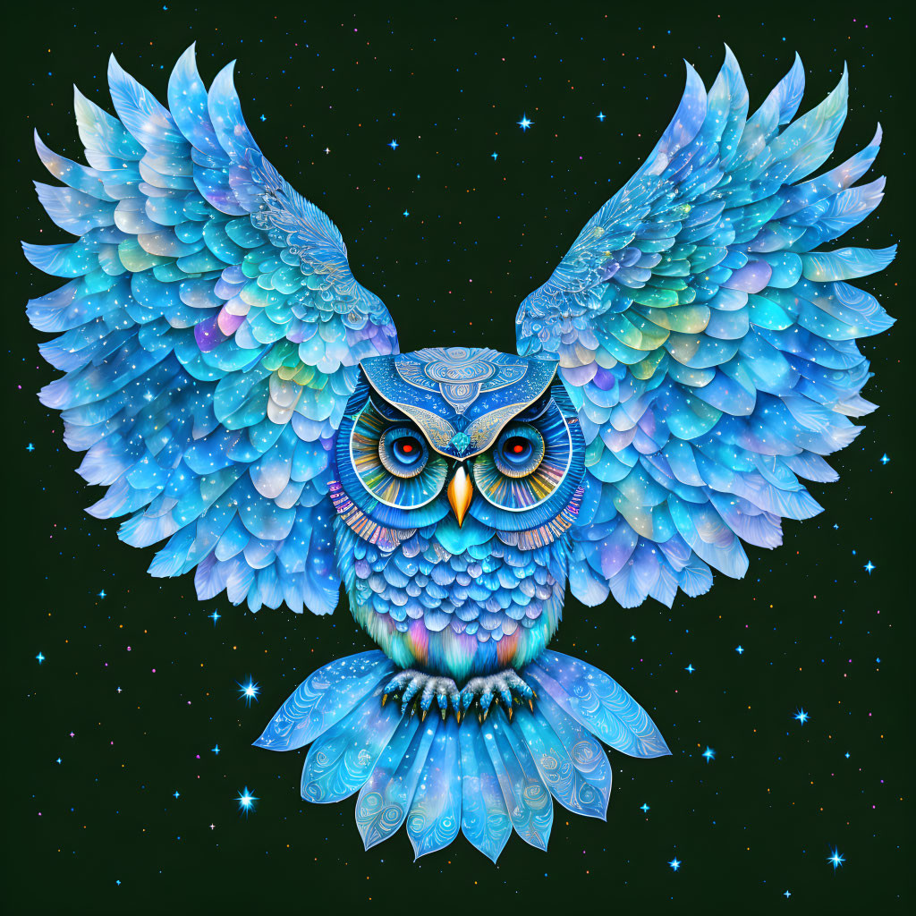 Colorful Owl Illustration with Multihued Wings on Starry Night Sky