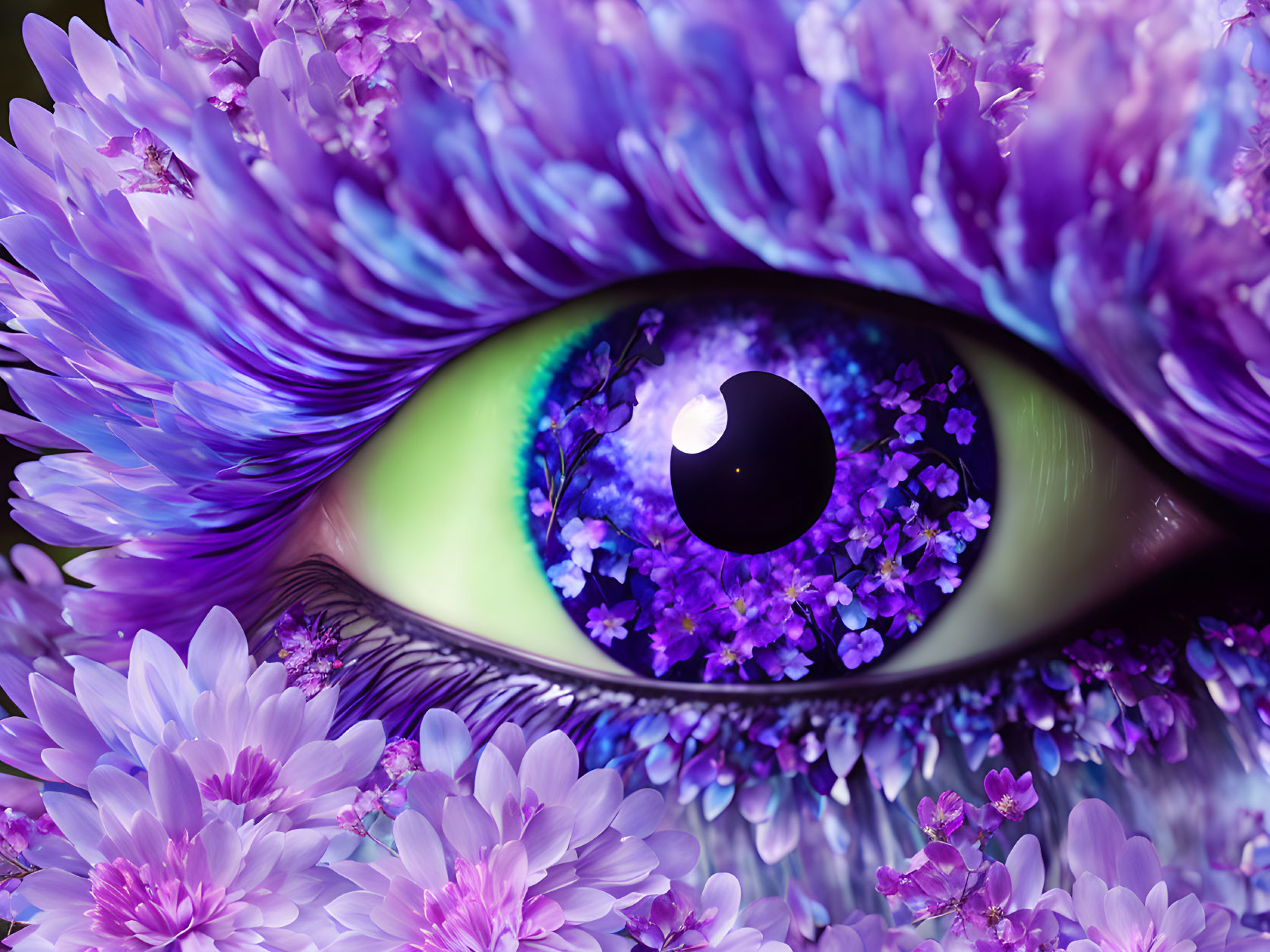 Eye with vibrant purple and blue flowers reflected in green iris