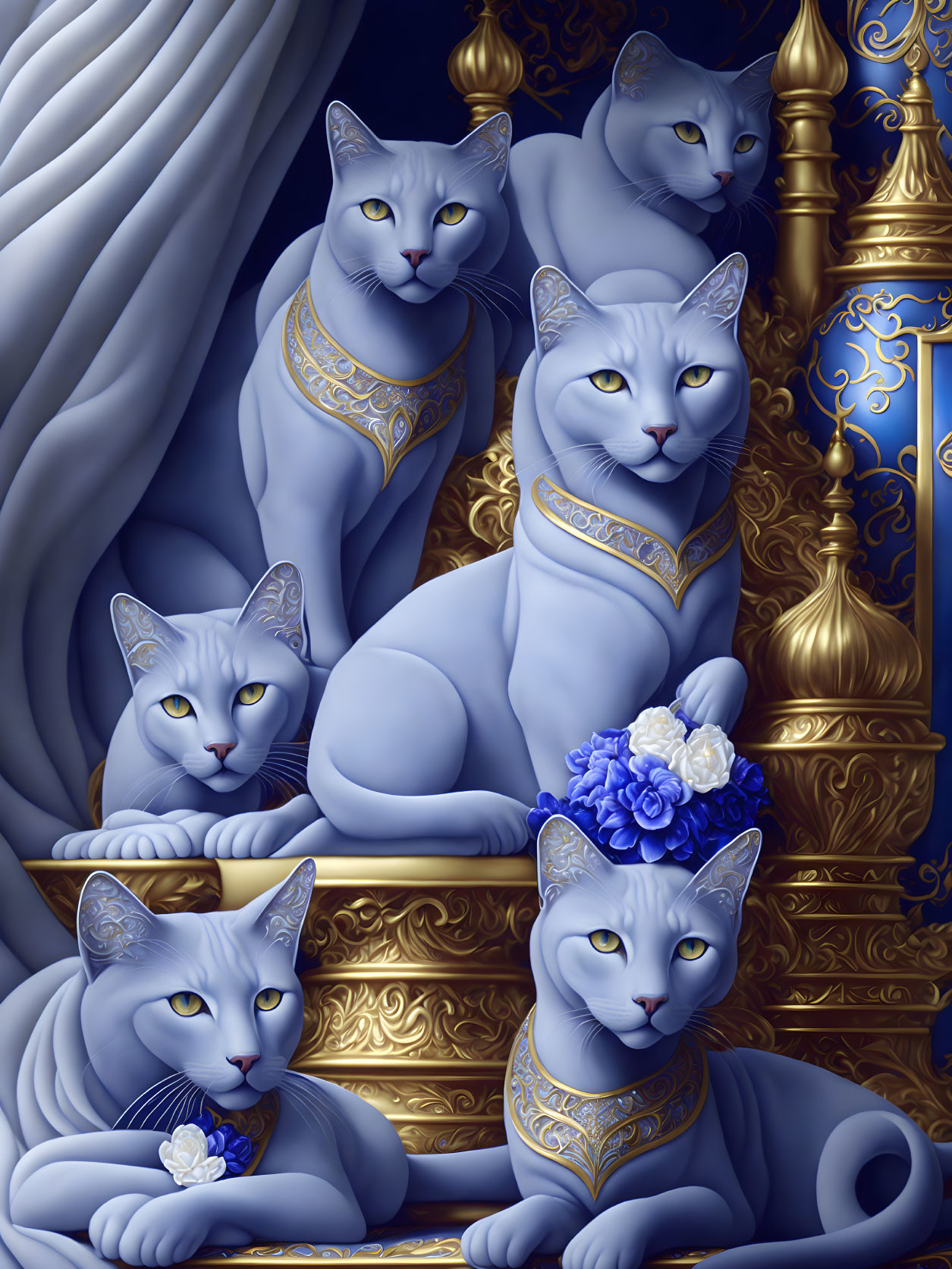 Five blue-gray cats with golden necklaces in luxurious setting