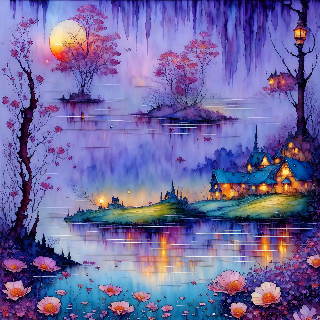 Mystical lakeside village at night: glowing lanterns, full moon, blooming flowers,