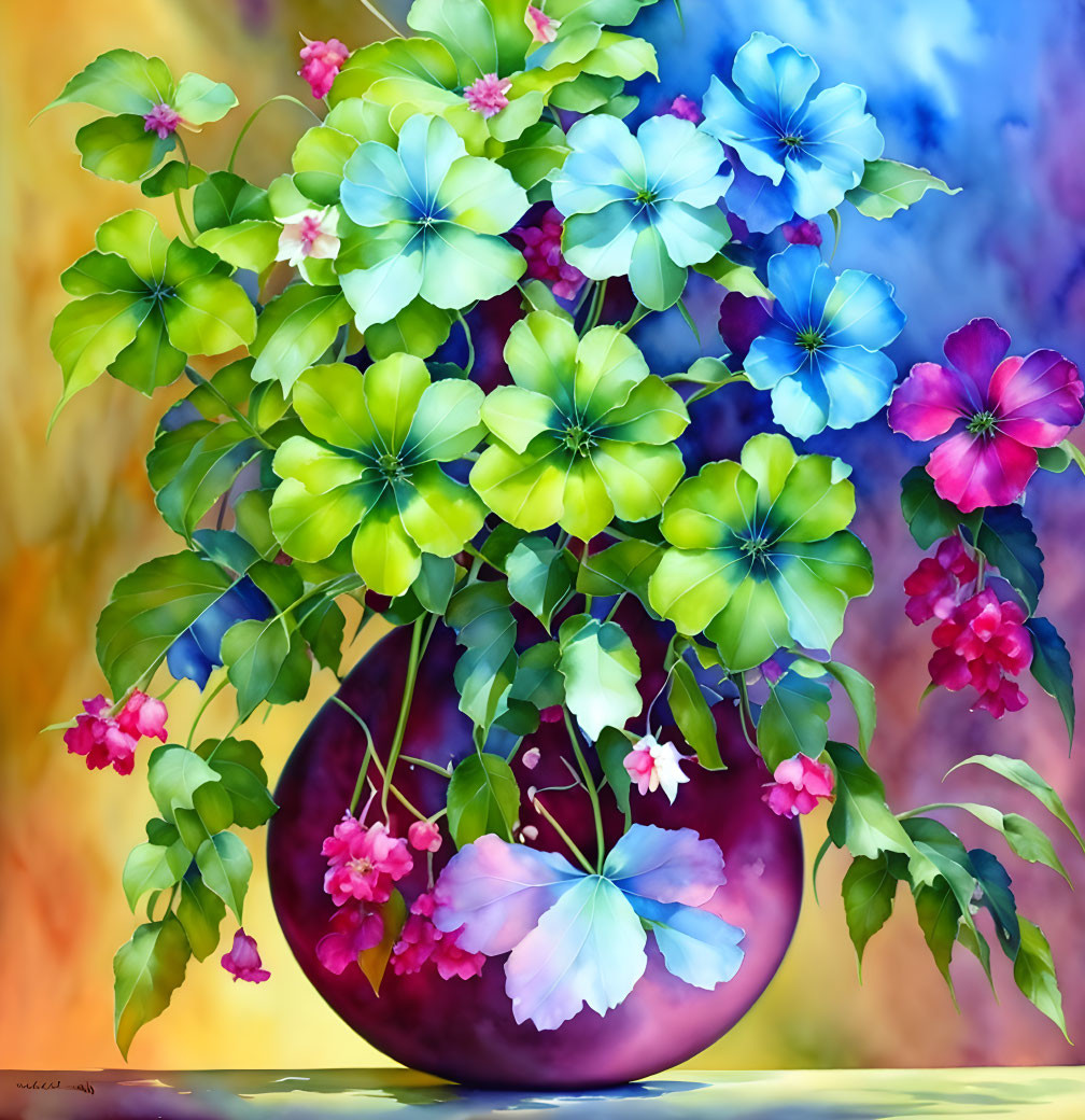 Multicolored flowers in purple vase on blurred background