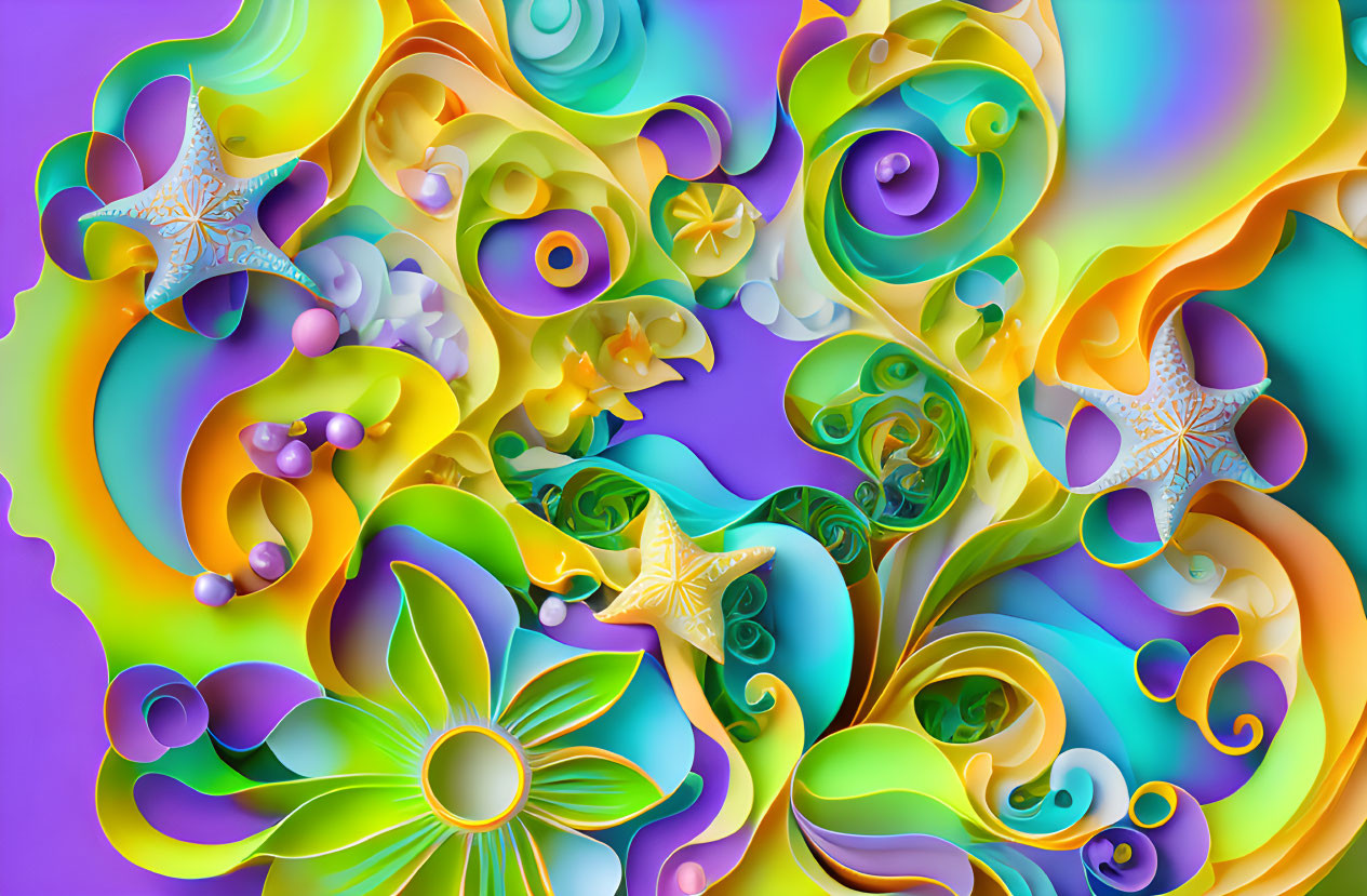 Colorful Abstract Paper Art with Swirling Patterns and Floral Elements