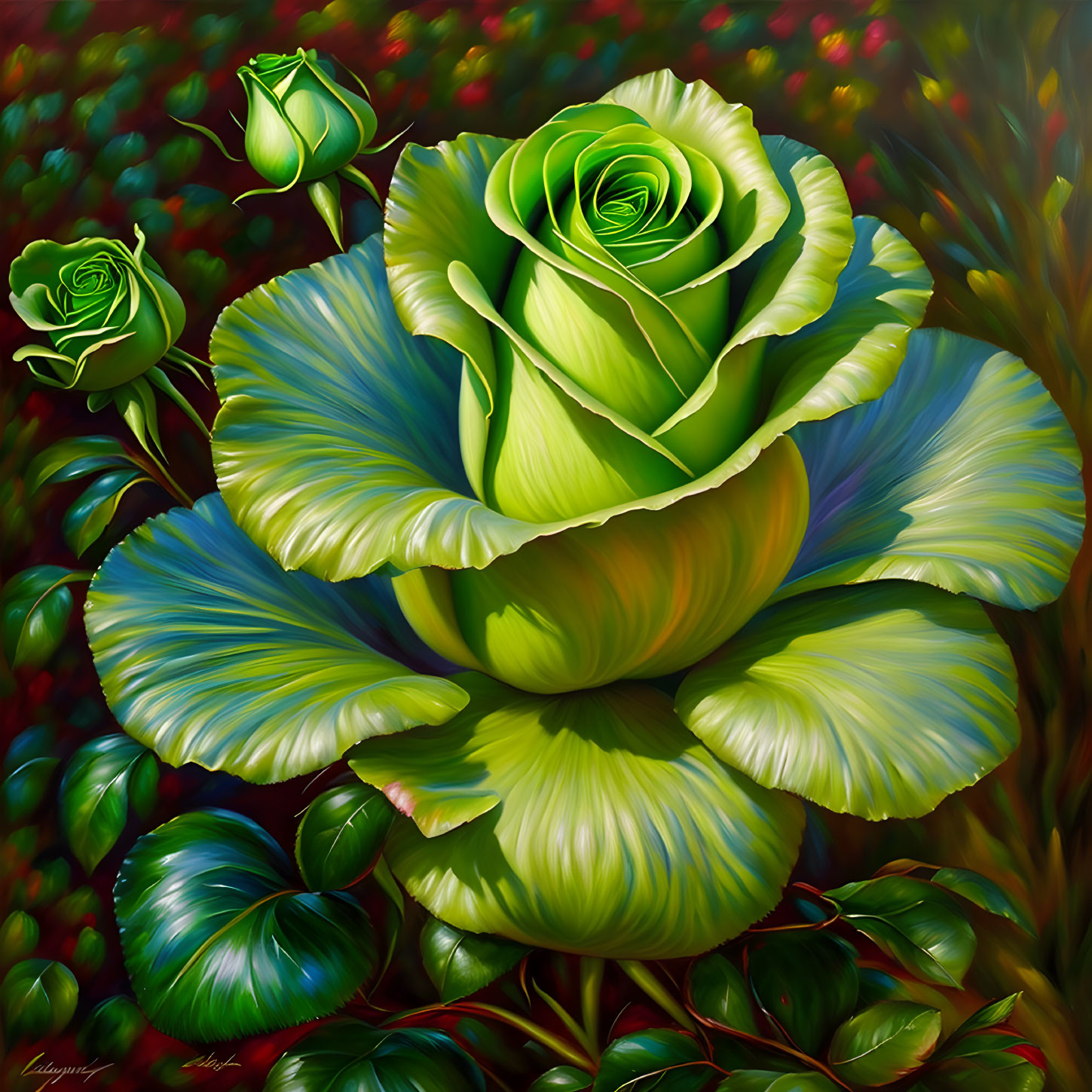 Detailed Green Rose Digital Painting Against Floral Backdrop