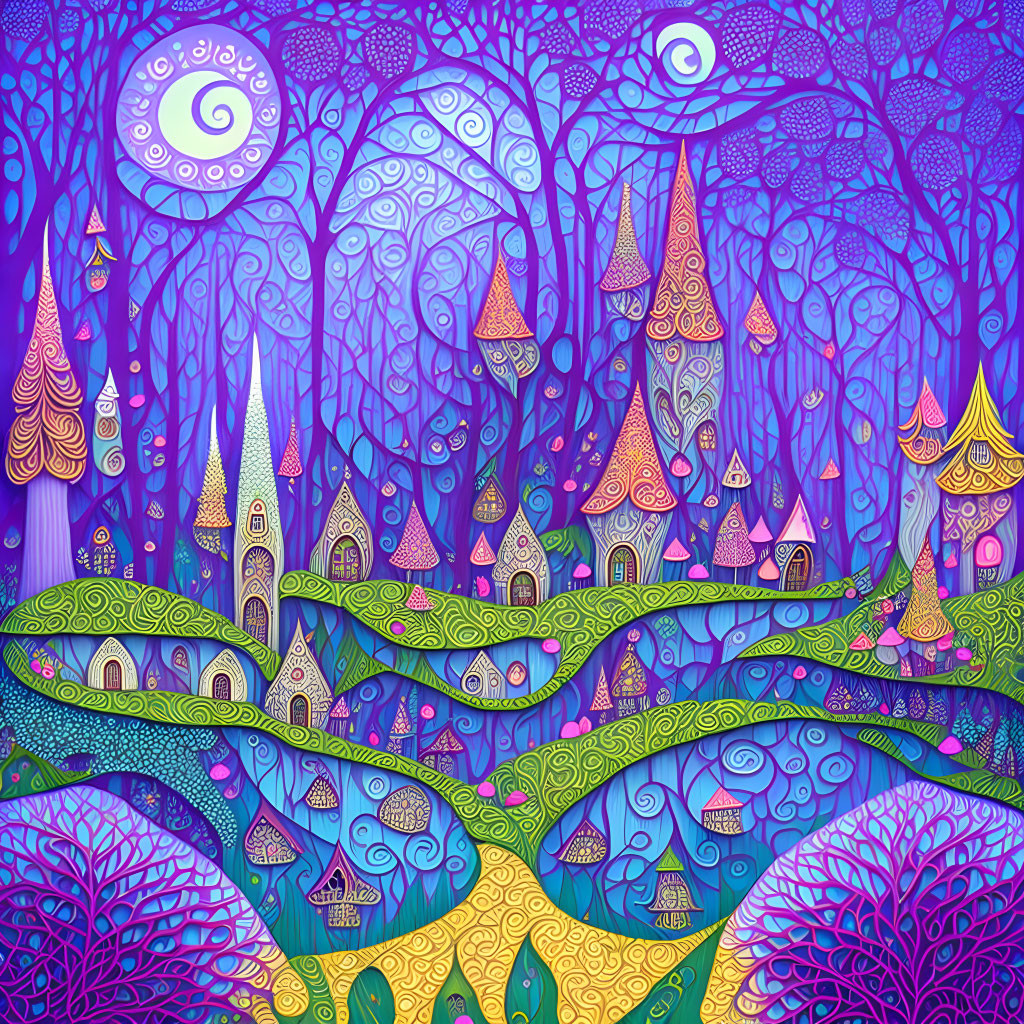 Colorful whimsical landscape with stylized trees and fantastical structures in purple, blue, and yellow