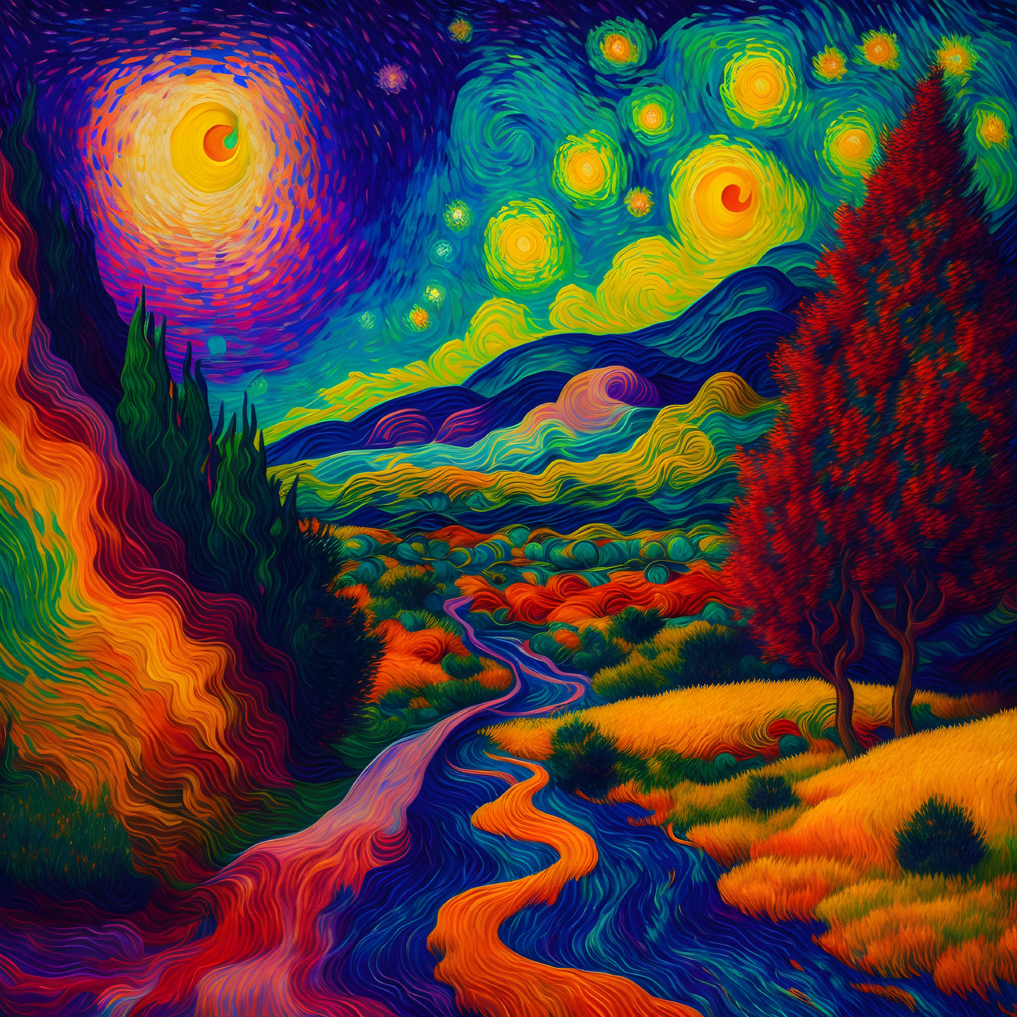 Colorful swirling landscape with expressive trees and bright stars.