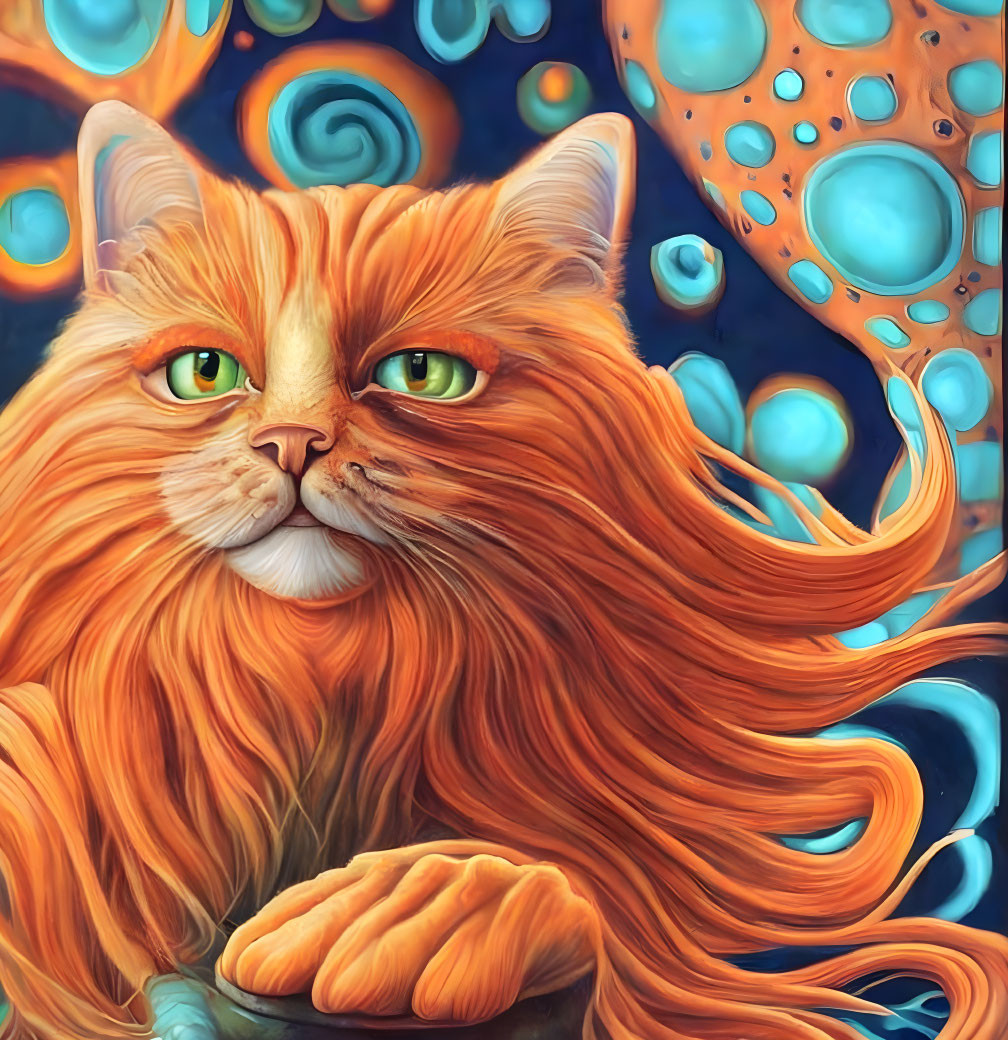 Illustrated orange cat with green eyes and flowing fur on vibrant backdrop.