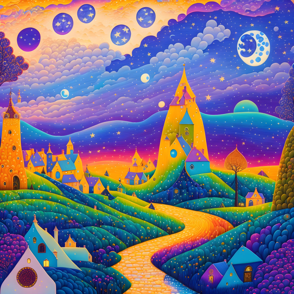 Colorful Stylized Houses & Castles in Whimsical Landscape